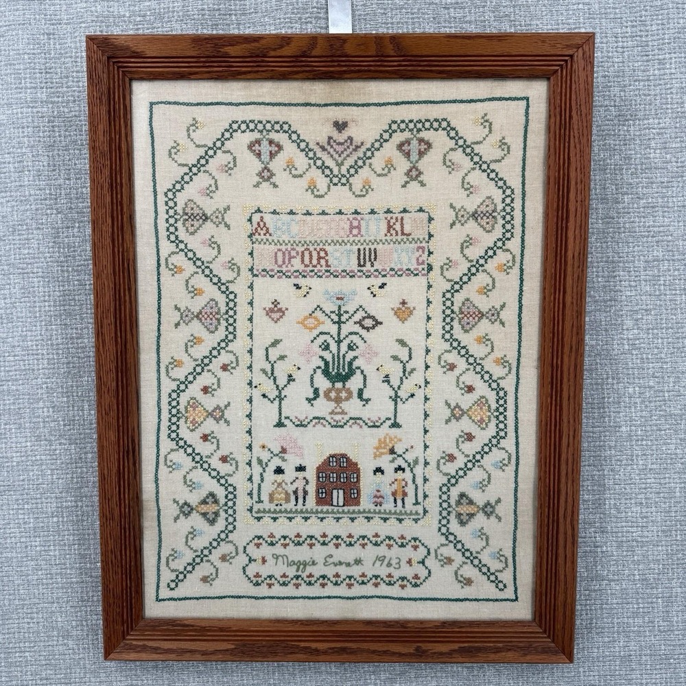 Vtg Handmade Cross Stitch Colonial Sampler MCM 1963 ABC Floral Framed